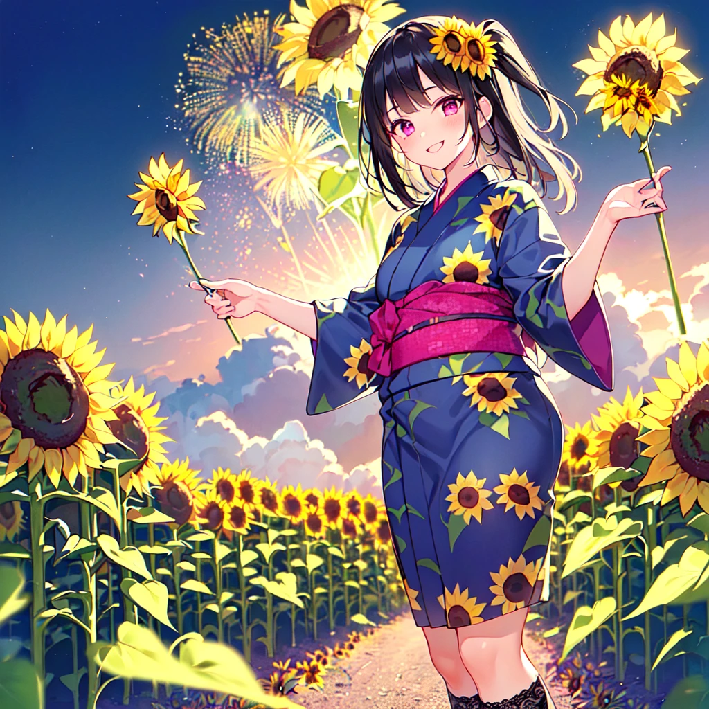 masterpiece, best quality, high quality, extremely detailed, very delicate and beautiful, (1 female 18 years old solo:1.5), (long black hair up to waist with two side up:1.5), bangs to eyebrows, eyes Eyebrows are glossy, (eye color: magenta: 1.3), 6.5 head height, (yukata with sunflower fireworks print: 1.3), knee socks, lace, frills, (smiling), (standing: 1.3), (smiling), (dynamic pose), (background sunflower flower field: 1.3), (sunflowers Lots and Lots of Night: 1.3)