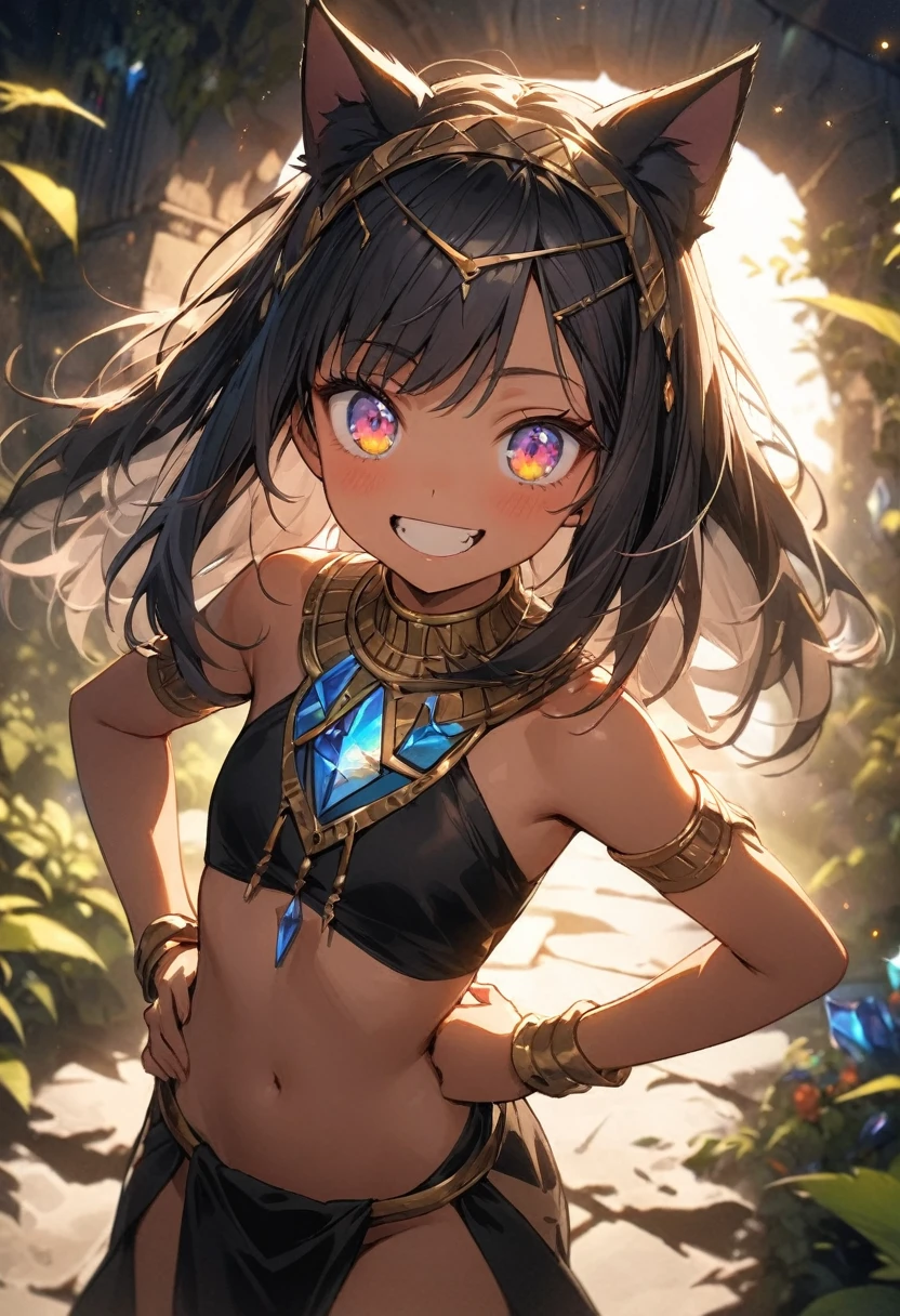 tribal jungle girl. dark skin, gold eyes balck hair