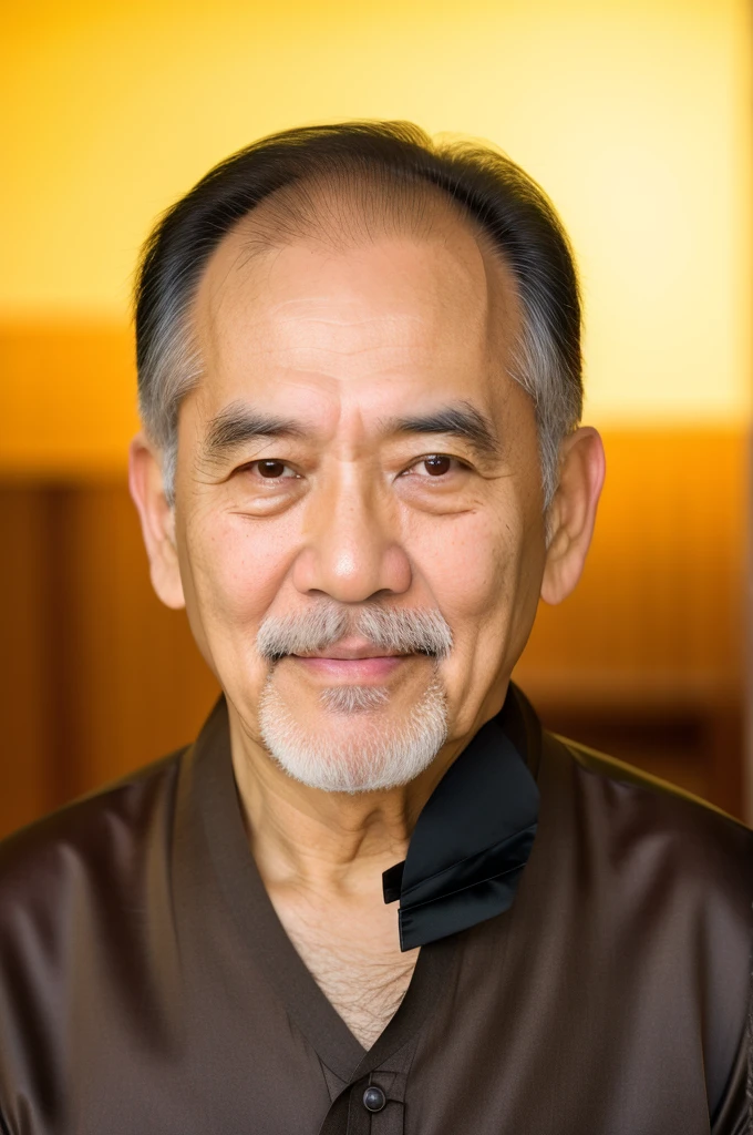 RAW photo of an 80 year old man, wearing a black ao dai, Asian, short black hair, long white beard, long white mustache, real face, real skin, (photorealistic:1.4), (high Detail soft skin :1.2 ), 8k uhd, dslr, Soft light, high quality, film grain, Fujifilm XT