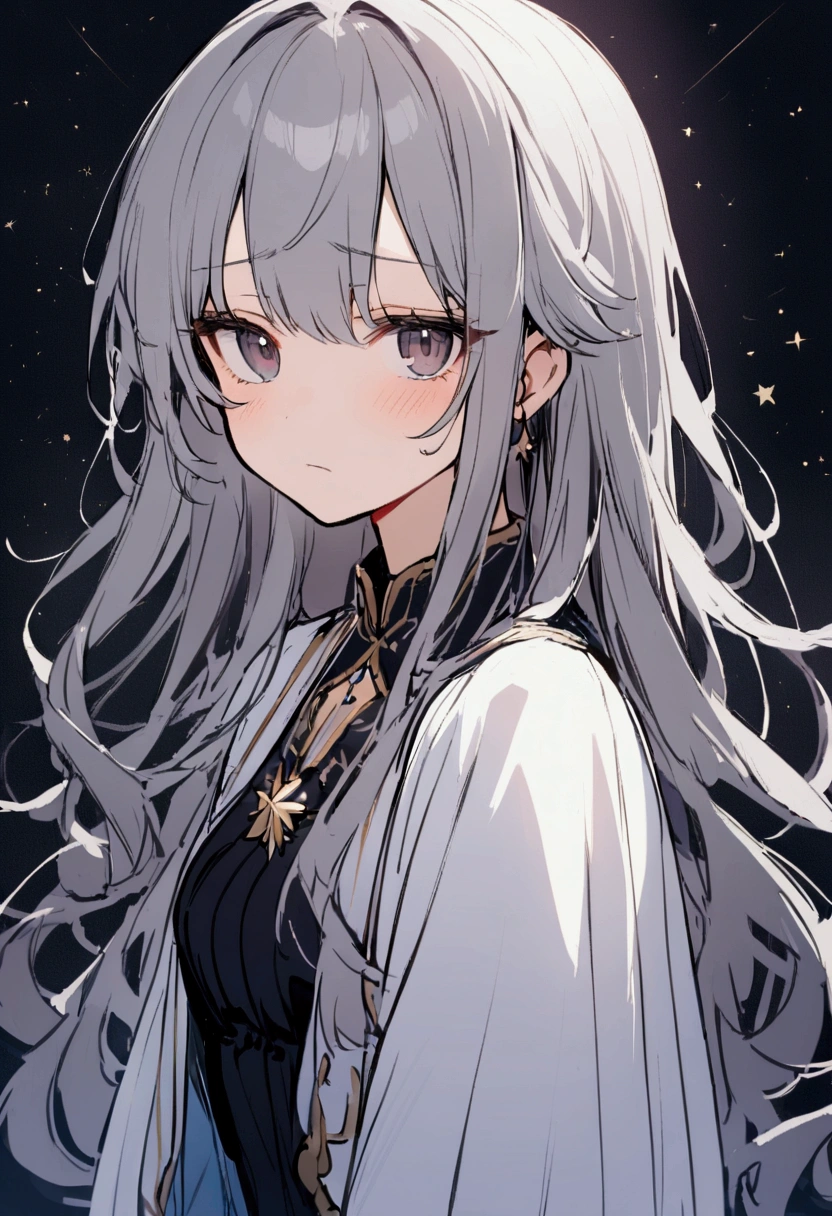 1girl, bored expression, looks tired, messy long-grey hair, black-colored eyes