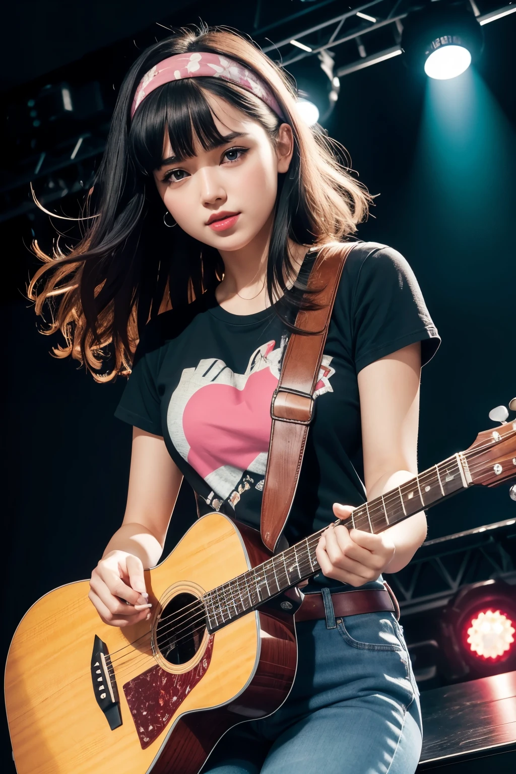 Absurd, ultra-detailed, high quality, masterpiece, detailed face, beautiful eyes(detailed eyes), young woman playing guitar, black hair wearing bandana, jeans, converse shoes, pink t-shirt and flannel jacket, sitting on a high chair, on stage, one mic in front of her, RGB lights pointing at her, she seems to be living the song, high quality render, masterpiece, 8k, bokeh hd background