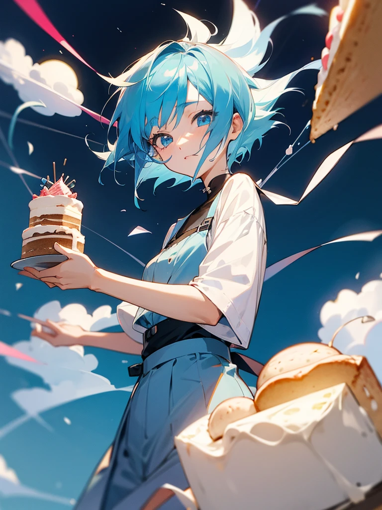 Anime girl short blue hair ,fulfilling years, with a cake in his hands ,celebrating birthday,pelvis pov 