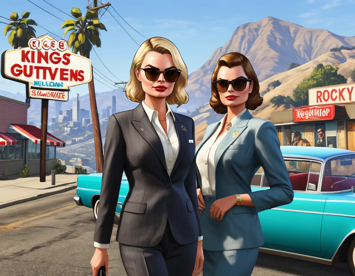 two women in suits and sunglasses standing in front of a sign, as a character from gtav, hills in the background, margot robbie in gta v, kings row in the background, gta5 style, in gta v, gta v street style, inspired by Reginald Richard Redford, wearing rr diner uniform, in-game, in - game, rocky foreground