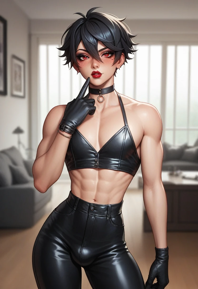 1boy, black eyeliner, male medium length mullet hairstyle, medium sharp hair texture, black hair, handsome, red eyes, black gloves, black clothes, room, red lipstick, femboy, blush, thin waist, half open eyes, black pants, choker, beautiful face, sexy pose