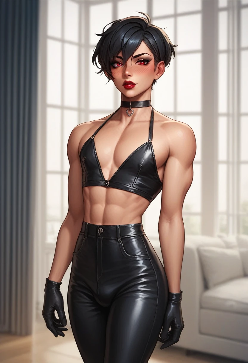 1boy, black eyeliner, male medium length mullet hairstyle, medium sharp hair texture, black hair, handsome, red eyes, black gloves, black clothes, room, red lipstick, femboy, blush, thin waist, half open eyes, black pants, choker, beautiful face, sexy pose