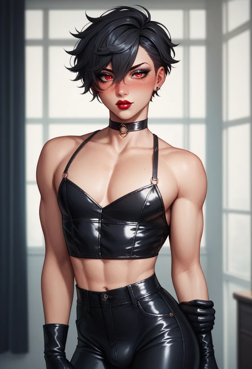 1boy, black eyeliner, male medium length mullet hairstyle, medium sharp hair texture, black hair, handsome, red eyes, black gloves, black clothes, room, red lipstick, femboy, blush, thin waist, half open eyes, black pants, choker, beautiful face, sexy pose