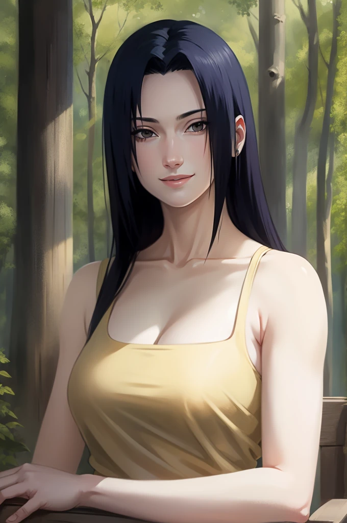 Mikoto Uchiha, oil painting, ultra-detailed, realistic, portrait, vivid colors, soft lighting, (best quality,4k,8k,highres,masterpiece:1.2), professional, long black hair, black eyes, beautiful detailed eyes and face, extremely detailed smile, long eyelashes, looking at viewer, very short top, big ass, bare shoulders, white shorts, outdoors, forest, cowboy shot, clavicle.