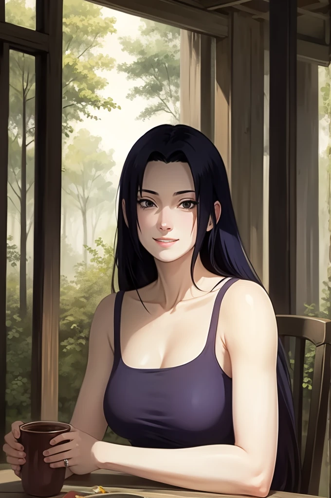 Mikoto Uchiha, oil painting, ultra-detailed, realistic, portrait, vivid colors, soft lighting, (best quality,4k,8k,highres,masterpiece:1.2), professional, long black hair, black eyes, beautiful detailed eyes and face, extremely detailed smile, long eyelashes, looking at viewer, very short top, big ass, bare shoulders, white shorts, outdoors, forest, cowboy shot, clavicle.