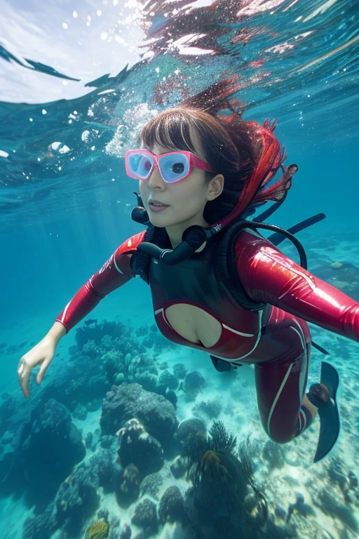 Highest quality、4K，Clear, beautiful water、Marine blue、Long hair fluttering in the sea、Tropical fish、Dolphin、Scuba Diving、Cute Japanese MILF peeking out from the water、Sexy body line、Red rubber bodysuit、Red latex diver suit、Snorkeling、