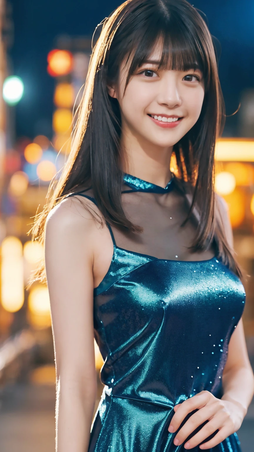 1girl,(wearing a blue glittery evening dress:1.2),(RAW photo, best quality), (realistic, photo-realistic:1.4), masterpiece, an extremely delicate and beautiful, extremely detailed, 2k wallpaper, Amazing, finely detail, extremely detailed CG unity 8k wallpaper, ultra-detailed, highres, soft light, beautiful detailed girl, extremely detailed eyes and face, beautiful detailed nose, beautiful detailed eyes,cinematic lighting,city lights at night,perfect anatomy,slender body,light smile,close up,(long hair with bangs)