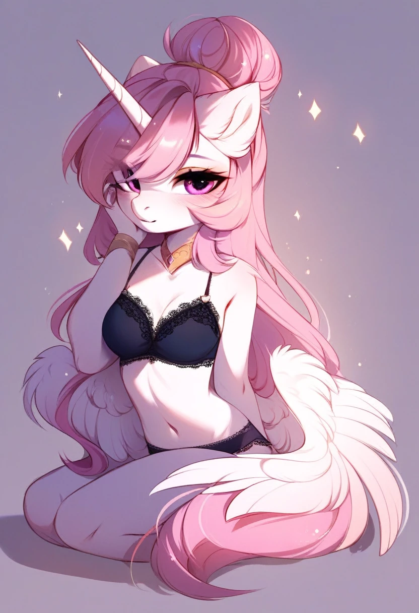 check_9, check_8_up, check_7_up, source_fluffy, rating_safe, from Magnaluna, Celestia poses seductively in a white bedroom, hair bun with bangs, pink eyes, white body, anthro, blushing, wearing goldern lingerie, full body