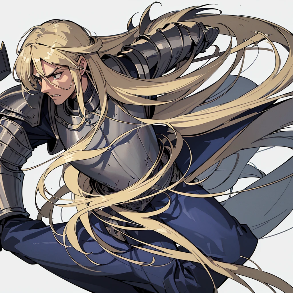 (Full body character concept)、((((Solo))))、Highest quality, Best Quality, Best illustrations, (((Grey Armor)))、(((Blond long hair man、Long-haired man、male、24-years-old、Cool guy)))、(Medieval Knight)、(Navy blue trousers)、(get annoyed、Clench your teeth)、(Living in the desert)、(White background)、Run、Dramatic Angle、(From the side)