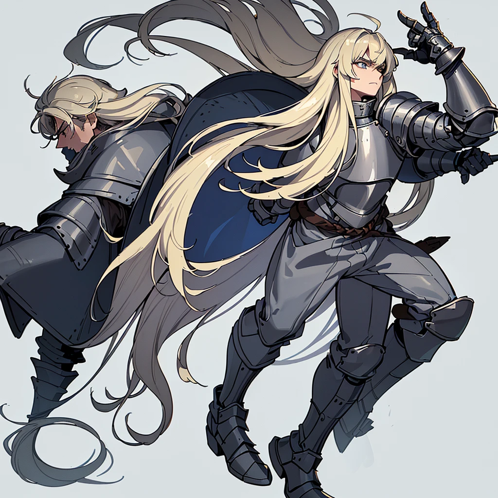 (Full body character concept)、((((Solo))))、Highest quality, Best Quality, Best illustrations, (((Grey Armor)))、(((Blond long hair man、Long-haired man、male、24-years-old、Cool guy)))、(Medieval Knight)、(Navy blue trousers)、(get annoyed、Clench your teeth)、(Living in the desert)、(White background)、Run、Dramatic Angle、(From the side)