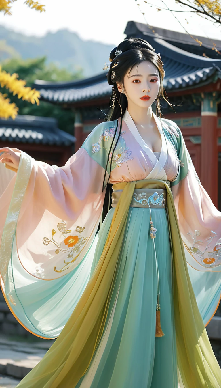 Surreal, complex, Epic scenes),1 Girl,Hanfu,whole body,(Huge breasts:1.7), Giving off an otherworldly glow to the surroundings,(complex, Many tiny details, Stunning lighting, Stunning surroundings),(rich and colorful, Surreal, high quality, Very detailed, Clear focus, 8K Ultra HD, Surreal主义,(Smile:0.3)