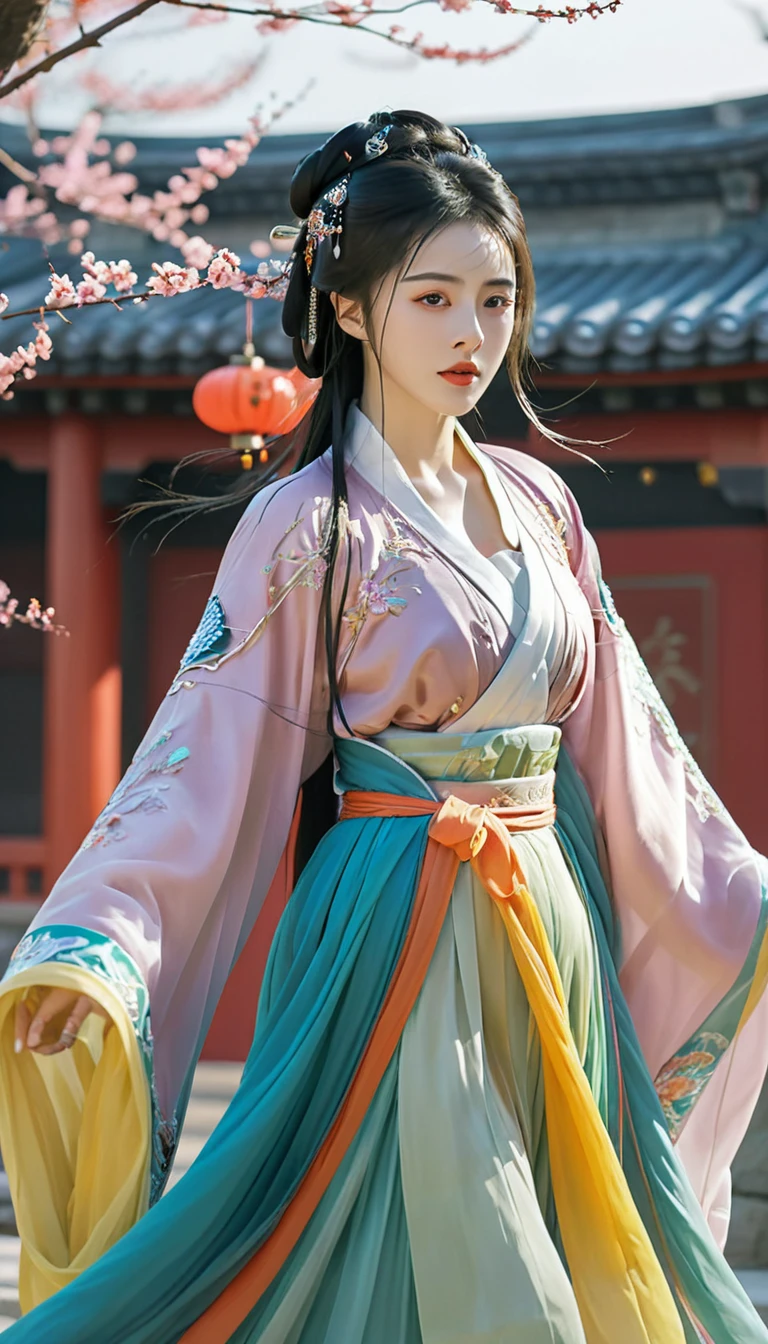 Surreal, complex, Epic scenes),1 Girl,Hanfu,whole body,(Huge breasts:1.7), Giving off an otherworldly glow to the surroundings,(complex, Many tiny details, Stunning lighting, Stunning surroundings),(rich and colorful, Surreal, high quality, Very detailed, Clear focus, 8K Ultra HD, Surreal主义,(Smile:0.3)