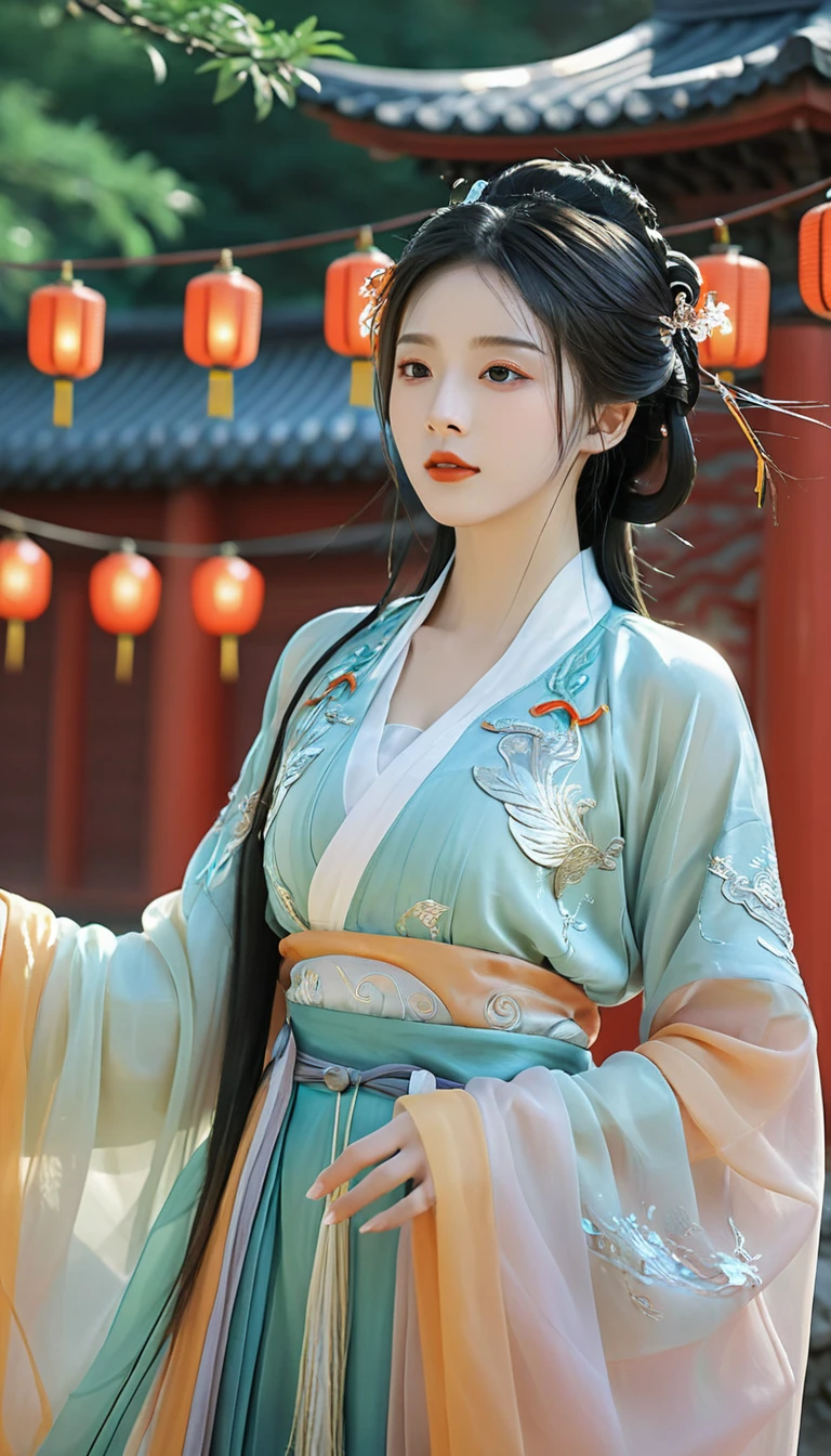 Surreal, complex, Epic scenes),1 Girl,Hanfu,whole body,(Huge breasts:1.7), Giving off an otherworldly glow to the surroundings,(complex, Many tiny details, Stunning lighting, Stunning surroundings),(rich and colorful, Surreal, high quality, Very detailed, Clear focus, 8K Ultra HD, Surreal主义，(Smile:0.3)