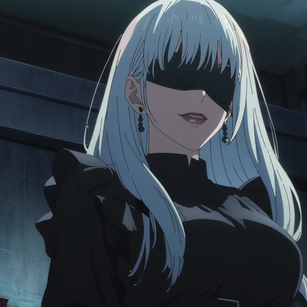 1girl, female gojo satoru, anime screencap from jujutsu kaisen, gojo satoru female version, solo, long_hair, ((wearing black blindfold)) ((white_hair, side bangs)), night view, (hanging breasts) upper_body, smile, indoors, book, lips, (long hair, side bangs) ((wearing maid costume)) breast, "very detailed and high resolution" (black blindfold) ((solo)) (((front view))) (earings) ((high resolution)) ((good quality)) ((silky hair))