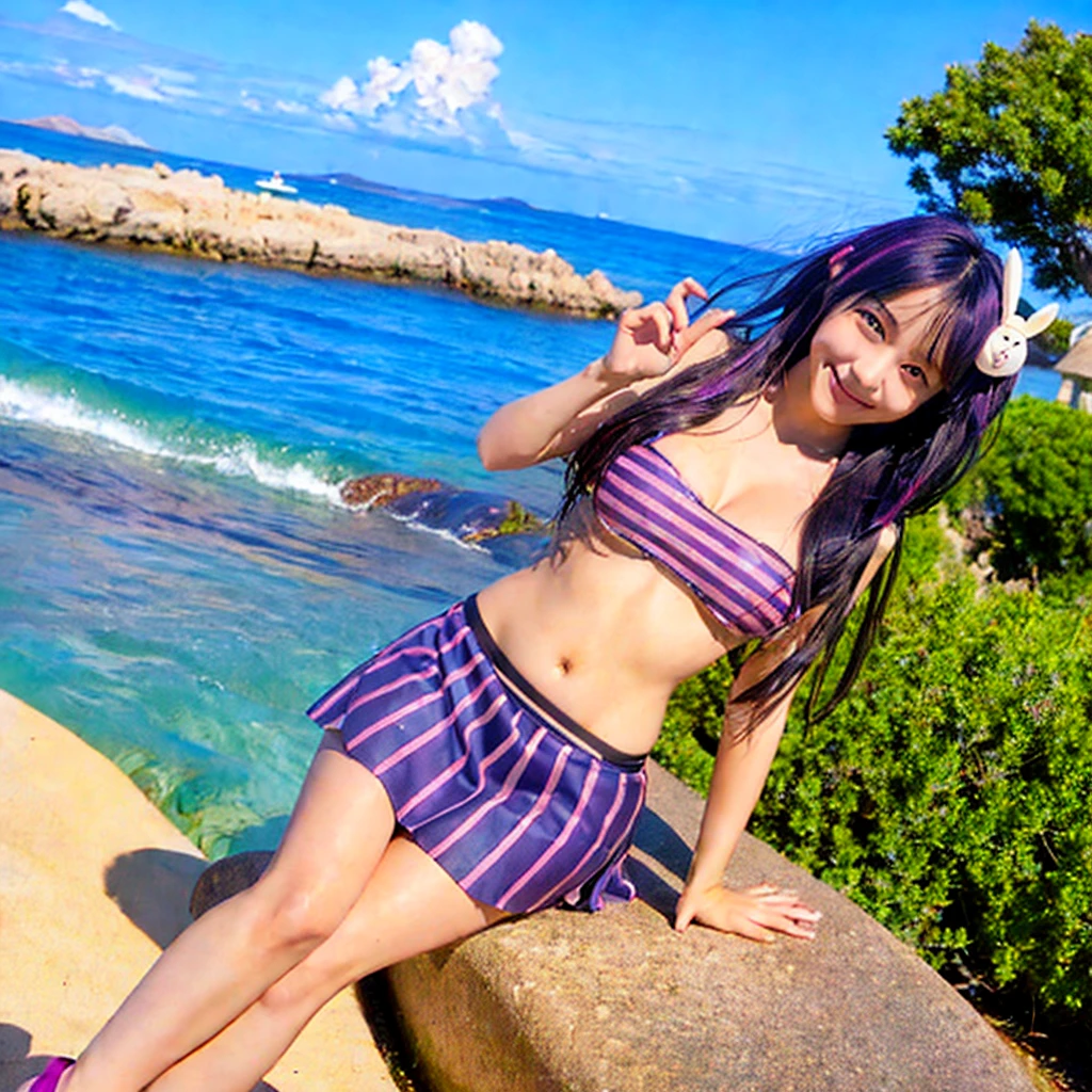 
masterpiece,best quality,
Ai Hoshino, long hair, purple hair, stripes, purple eyes, star-shaped eyes, hair ornament, smile, blue sky, bikini, skirt, sandals, sea, wet skin,