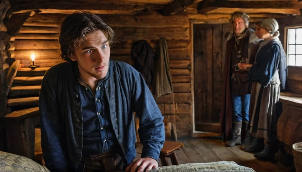 Jacob, a young man speaking to Lord Eleanor’s ghost, inside an old cabin. Lord Eleanor a middle aged man in medieval british clothes. Jacob in modern shirt and jeans 