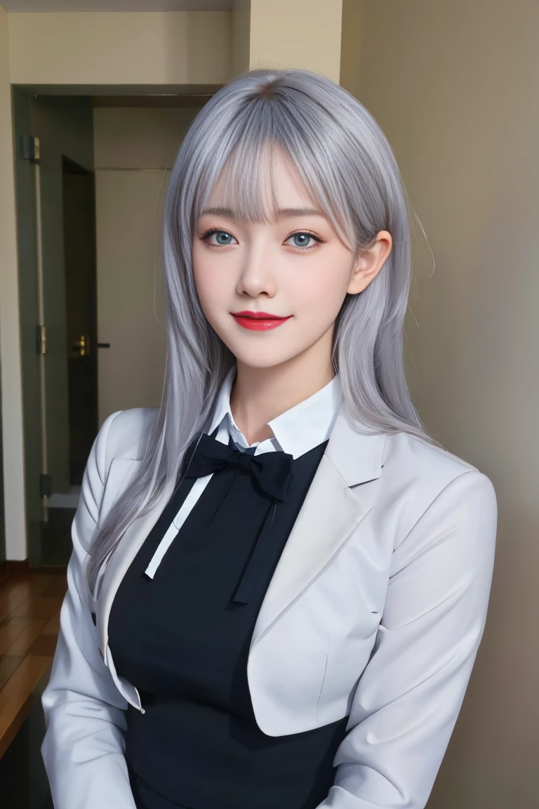 best quality, tmasterpiece,Ultra-high resolution,Clear face,（Reality：1.4），ferpect lighting，(upper body:1.5), (photorealistic:1.50), anime wallpaper, Guviz style artwork, cover-up fantasy up to magic , by Yang J, Guviz, beautiful artwork illustration, beautiful digital artwork, beautiful digital illustration, Li Song, beautiful anime portrait, art style in Beauvot, alya(roshidere), white hair, long hair, bangs, blue eyes, hair ribbon, ahoge, red ribbon, skirt, shirt, long sleeves, bow, , jacket, white shirt, pleated skirt, collared shirt, bowtie, black skirt, red bow, red bowtie, blazer, grey blazer, long sleeves, upper body view, smile, standing, indoor, room, simpel blackground, Symmetrical face,