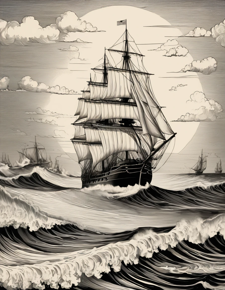 front of book, black and white, line art, banner for the title, nautical, 1720, navigation