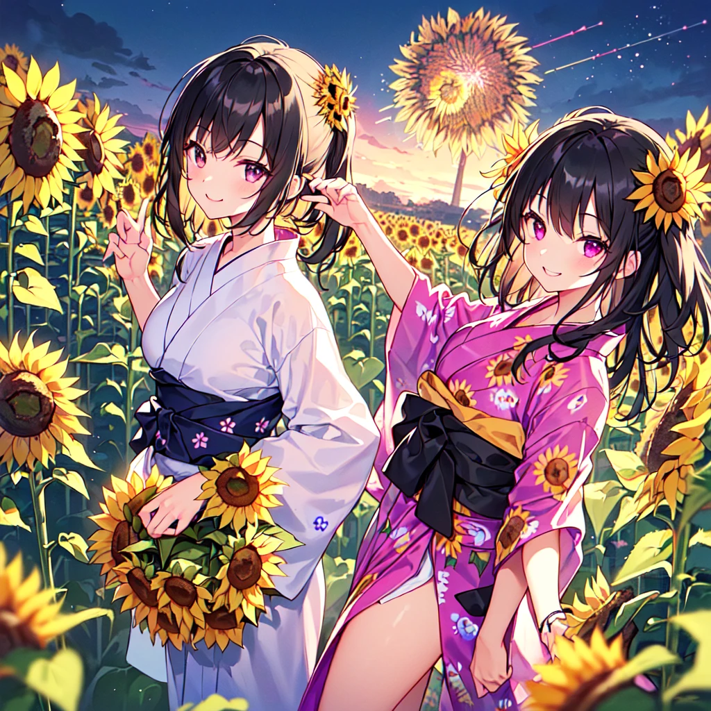 masterpiece, best quality, high quality, extremely detailed, very delicate and beautiful, (1 female 18 years old solo:1.5), (long black hair up to waist with two side up:1.5), bangs to eyebrows, eyes Eyebrows are glossy, (eye color: magenta: 1.3), 6.5 head height, (yukata with sunflower fireworks print: 1.3), knee socks, lace, frills, (smiling), (standing: 1.3), (smiling), (dynamic pose), (background sunflower flower field: 1.3), (sunflowers Lots and Lots of Night: 1.3) 