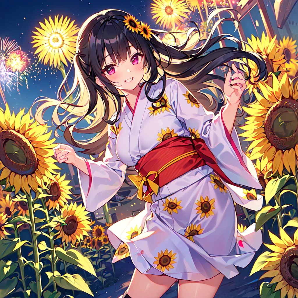 masterpiece, best quality, high quality, extremely detailed, very delicate and beautiful, (1 female 18 years old solo:1.5), (long black hair up to waist with two side up:1.5), bangs to eyebrows, eyes Eyebrows are glossy, (eye color: magenta: 1.3), 6.5 head height, (yukata with sunflower fireworks print: 1.3), knee socks, lace, frills, (smiling), (standing: 1.3), (smiling), (dynamic pose), (background sunflower flower field: 1.3), (sunflowers Lots and Lots of Night: 1.3)