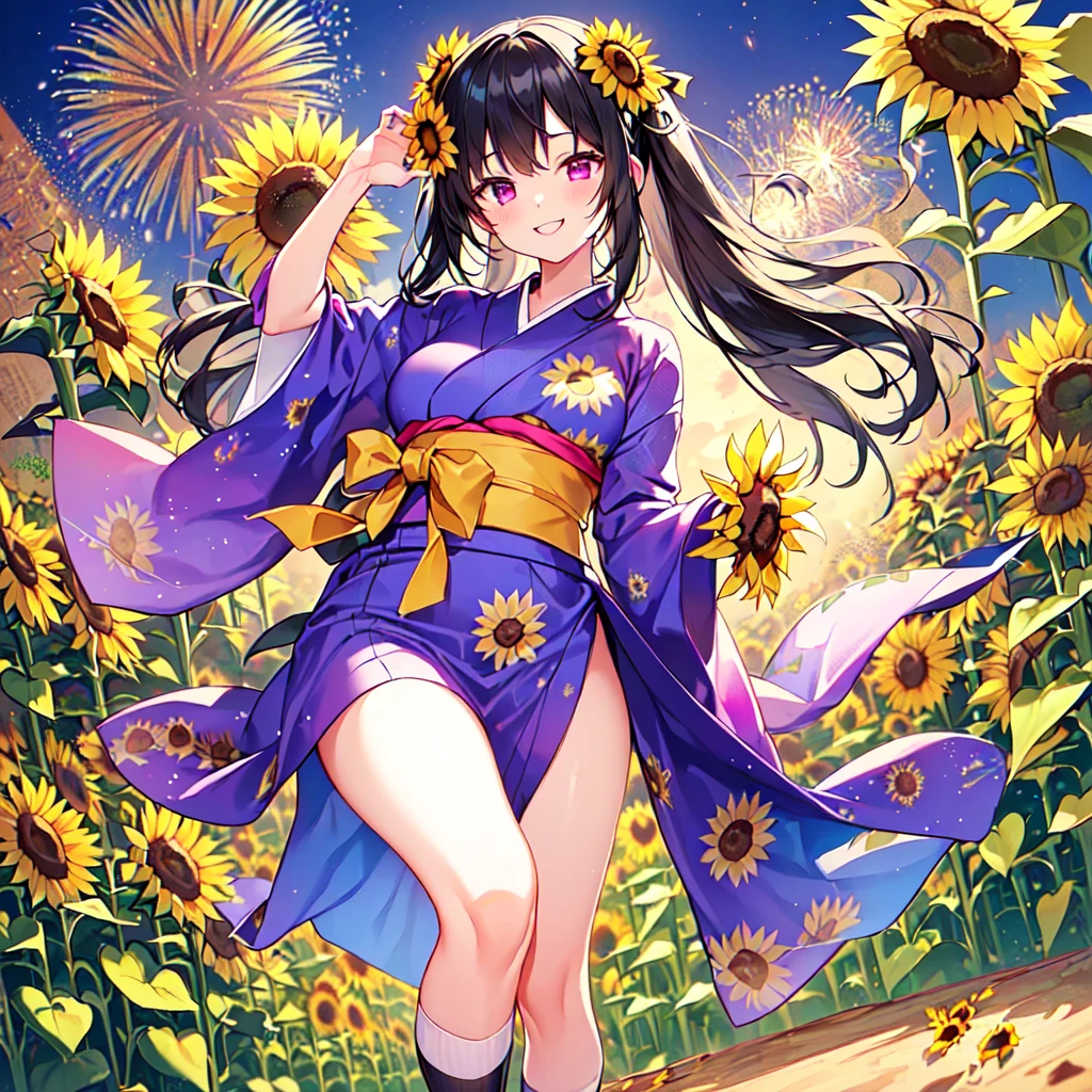 masterpiece, best quality, high quality, extremely detailed, very delicate and beautiful, (1 female 18 years old solo:1.5), (long black hair up to waist with two side up:1.5), bangs to eyebrows, eyes Eyebrows are glossy, (eye color: magenta: 1.3), 6.5 head height, (yukata with sunflower fireworks print: 1.3), knee socks, lace, frills, (smiling), (standing: 1.3), (smiling), (dynamic pose), (background sunflower flower field: 1.3), (sunflowers Lots and Lots of Night: 1.3)