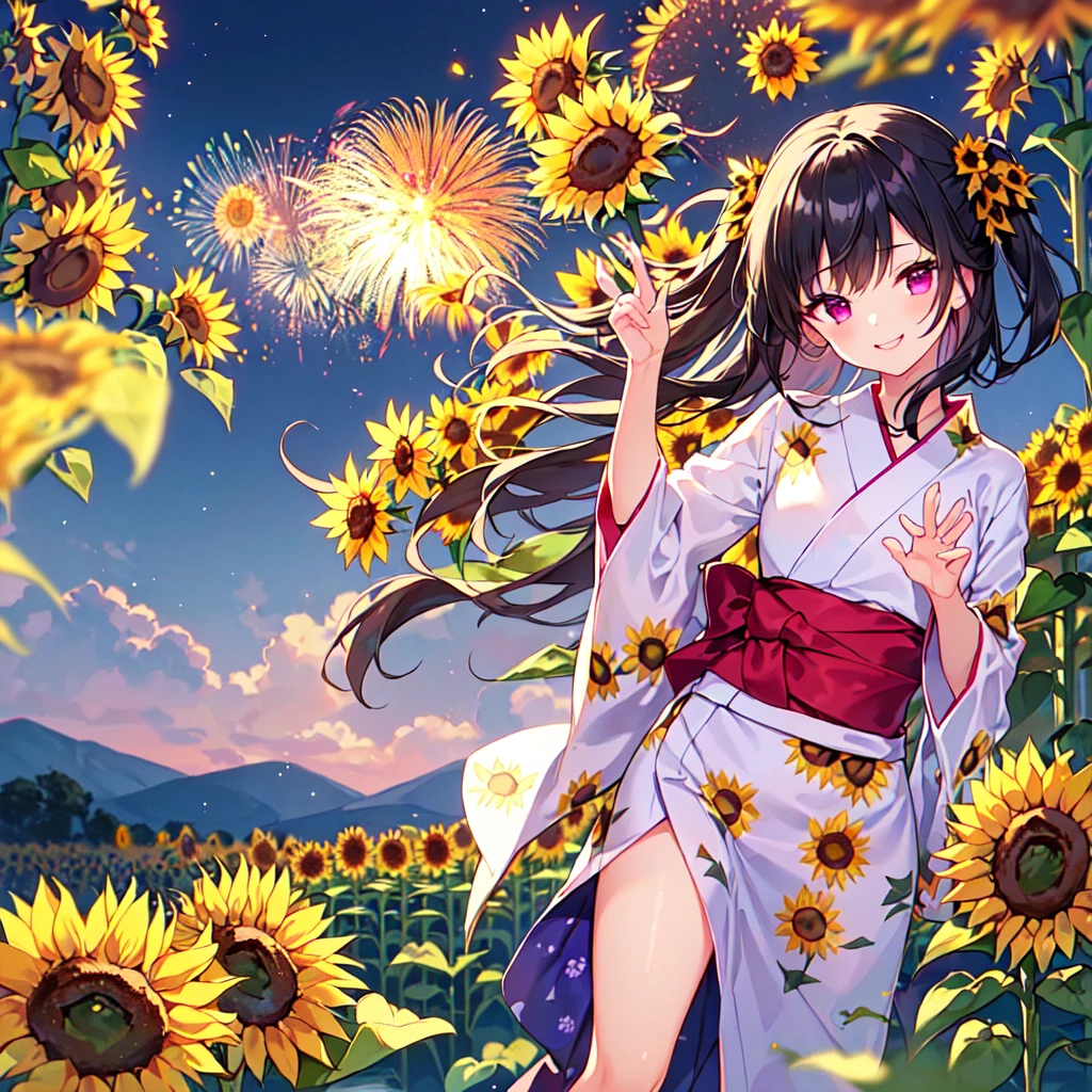 masterpiece, best quality, high quality, extremely detailed, very delicate and beautiful, (1 female 18 years old solo:1.5), (long black hair up to waist with two side up:1.5), bangs to eyebrows, eyes Eyebrows are glossy, (eye color: magenta: 1.3), 6.5 head height, (yukata with sunflower fireworks print: 1.3), knee socks, lace, frills, (smiling), (standing: 1.3), (smiling), (dynamic pose), (background sunflower flower field: 1.3), (sunflowers Lots and Lots of Night: 1.3) 