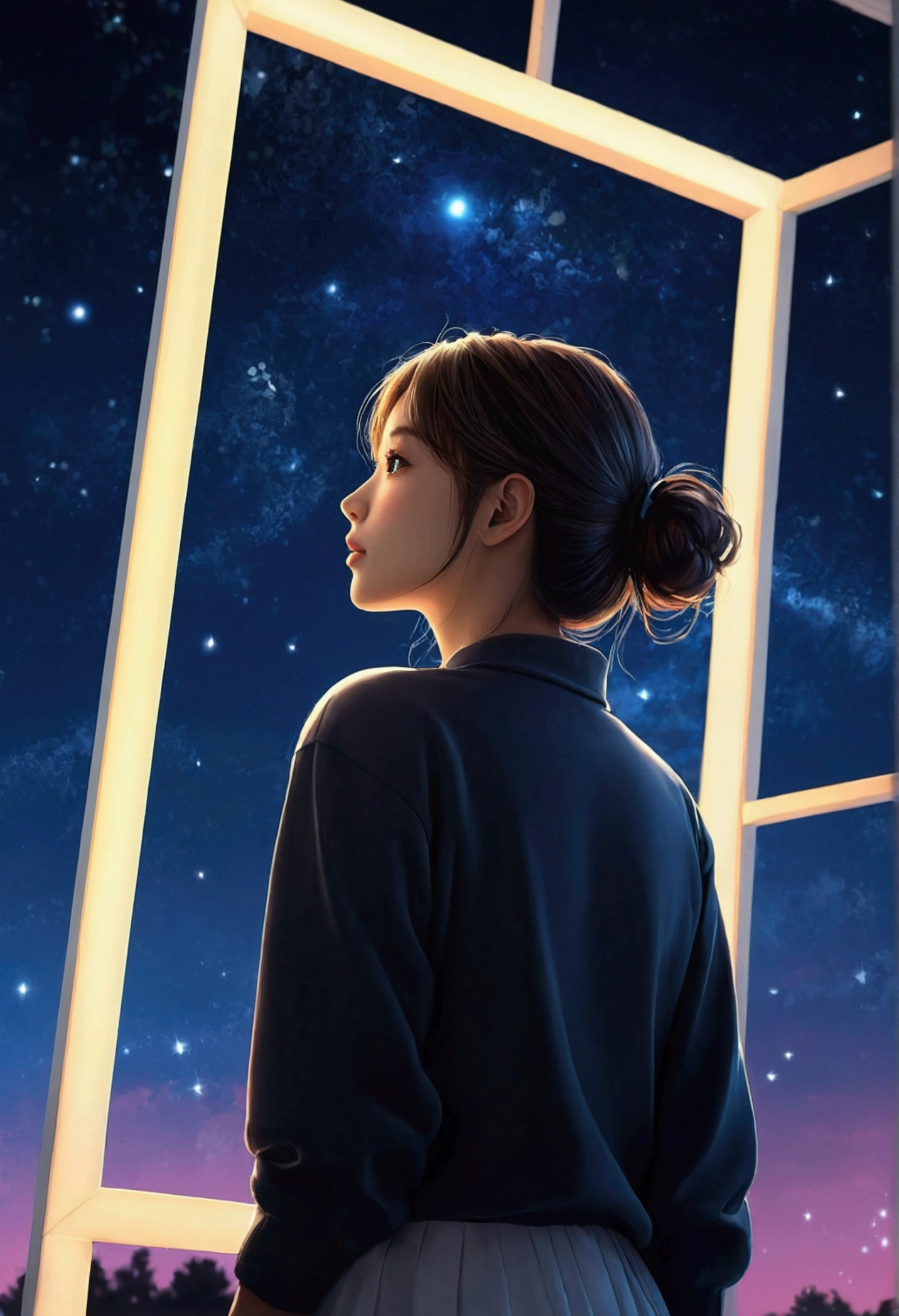 1girl, realistic, score_9, score_8_up, score_7_up, score_6_up, score_5_up, score_4_up glowing frame, backlight colors, silhouette colors, cosmic frame, beautiful woman in a frame, silhouette, backlighting, vibrant,magical night sky, illustration, soft, beautiful, dreamy, realistic, professional, simple, twinkling night sky, extremely detailed, hyper detailed, illustration, half finished sketch, half colored sketch, anime, masterpiece, bright colors, high contrast, vivid lighting, dark backgroundsimple background,