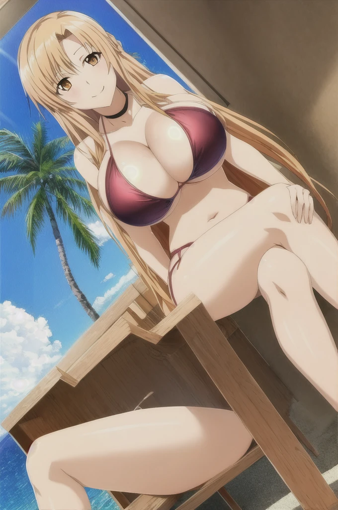 asuna, solo, long_hair, breasts, looking_at_viewer, smile, blonde_hair, large_breasts, cleavage, bare_shoulders, sitting, very_long_hair, brown_eyes, collarbone, choker, crossed_legs, black underwear, from_below, breasts, large breasts, big breasts, huge breasts, big tits, giant breasts, small bikini, bikini, bare shoulders, bare arms, beach, ocean, underboob