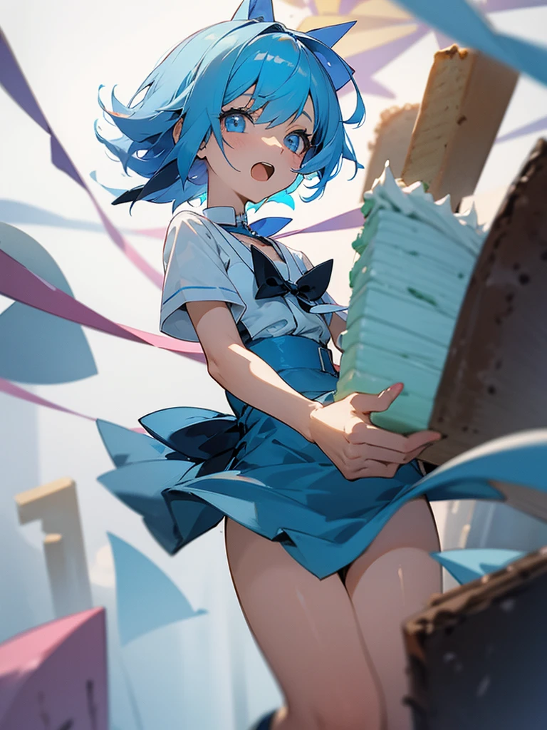 Anime girl short blue hair ,fulfilling years, with a cake in his hands ,celebrating birthday,pelvis pov