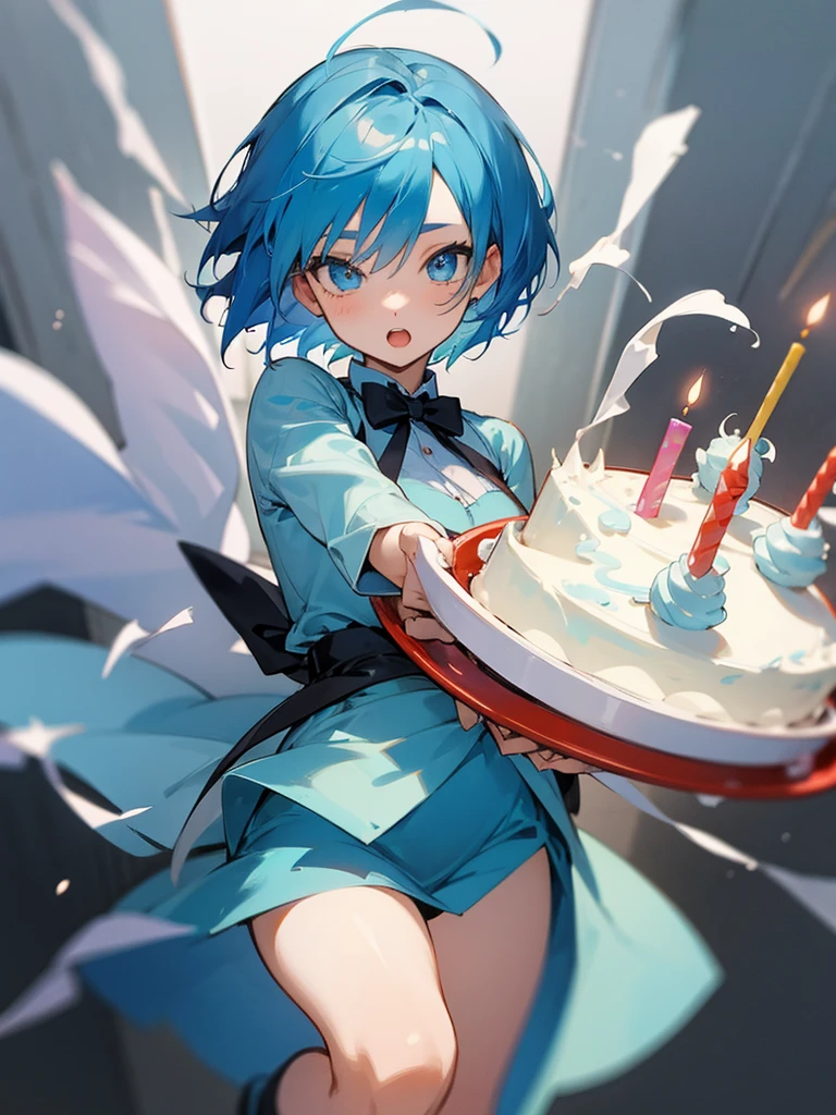 Anime girl short blue hair ,fulfilling years, with a cake in his hands ,celebrating birthday,pelvis pov
