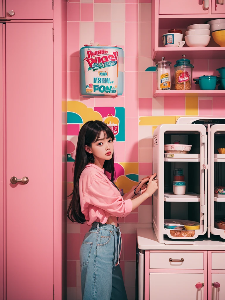 {subject} in a kitchen with colorful walls, in the style of commercial imagery, advertising photography, use of paper, pink and amber, pop-culture-infused, rich and immersive, advertisement inspired, 35mm