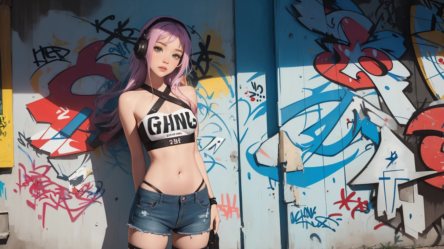 one women, Rainbow style, cyberpunk women, ​masterpiece, best quality, 1 girl, alone, Short top, Jeans-Shorts, neck ribbon, (Graffiti:1.5), paint splatters, Arms behind the back, against the wall, Viewers look at, 手链, thigh strap, Color on the body, Head tilt, bored, multi-colored hair, aqua eyes, Headset,，Art stations，Bunte paint splatters，Contours，Unreal Engine，Like a dream，Intricate detailing，Boat picture，Complementary colors，fantasy concept art，8k-Auflösung，Perverted&#39;masterpiece，Oil painting，hit，Rainbow Skins，((black)),, (((Dressed in modern clothes))), Girls, with long, flowing silver hair, piercing blue eyes, and pointed ears. Her attire should be a blend of dark, sleek armor and mystical elements, adorned with intricate designs and glowing runes. She is in a dynamic, action-oriented pose, holding dual daggers with an ethereal glow. The background should be a dark, mystical forest or an ancient, ruined temple, with a moonlit sky casting an eerie glow. The overall style should reflect the detailed, fantasy-rich art of Lineage 2, with vibrant colors, dramatic lighting, and a sense of magical realism.、permission 8k、complex parts、Toned waist、Wide buttocks、Эффект Тиндаллаmasuter piece、top quality、Highest standards、Highest image quality、table、complex parts、a high resolution、depth of field、natural soft light、professional lighting、about, standing, very long hair, cowboy shot, brilliant, brilliant hair, (night:1.2),Dreamy, [[gentle fingers and hands:0.55]::0.85],(detailed fingers),),(emotional),(breathtaking),(main part:1.2) whole body.), (Anime Style), (Super Detailed), (brutal), (uhd, HDR), (8k), (High Resolution: 1.2), (Complex and Beautiful: 1.2)