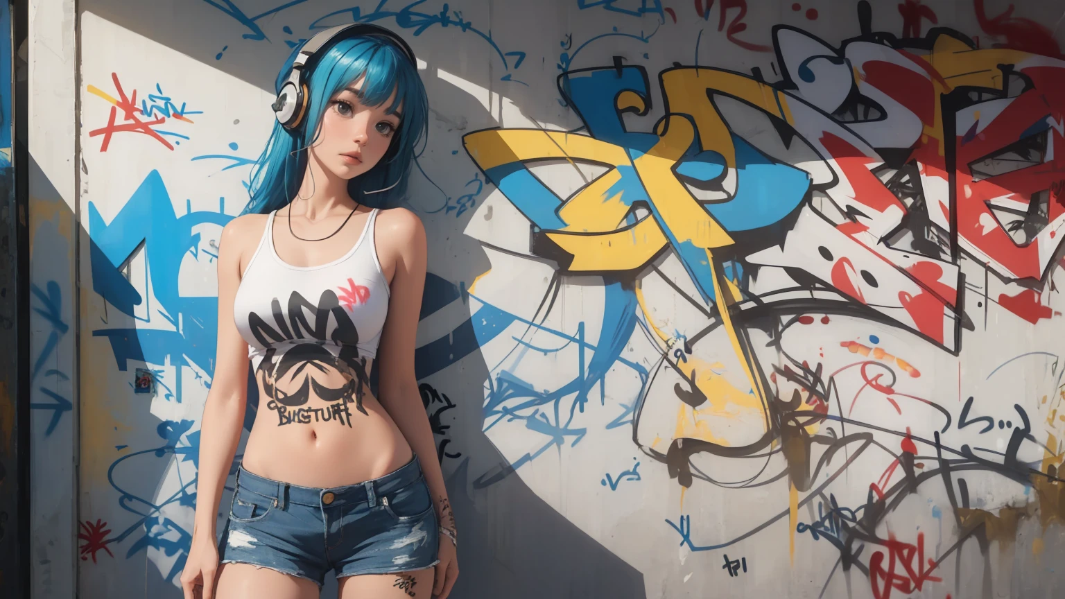 one women, Rainbow style, cyberpunk women, ​masterpiece, best quality, 1 girl, alone, Short top, Jeans-Shorts, neck ribbon, (Graffiti:1.5), paint splatters, Arms behind the back, against the wall, Viewers look at, 手链, thigh strap, Color on the body, Head tilt, bored, multi-colored hair, aqua eyes, Headset,，Art stations，Bunte paint splatters，Contours，Unreal Engine，Like a dream，Intricate detailing，Boat picture，Complementary colors，fantasy concept art，8k-Auflösung，Perverted&#39;masterpiece，Oil painting，hit，Rainbow Skins，((black)),, (((Dressed in modern clothes))), Girls, with long, flowing silver hair, piercing blue eyes, and pointed ears. Her attire should be a blend of dark, sleek armor and mystical elements, adorned with intricate designs and glowing runes. She is in a dynamic, action-oriented pose, holding dual daggers with an ethereal glow. The background should be a dark, mystical forest or an ancient, ruined temple, with a moonlit sky casting an eerie glow. The overall style should reflect the detailed, fantasy-rich art of Lineage 2, with vibrant colors, dramatic lighting, and a sense of magical realism.、permission 8k、complex parts、Toned waist、Wide buttocks、Эффект Тиндаллаmasuter piece、top quality、Highest standards、Highest image quality、table、complex parts、a high resolution、depth of field、natural soft light、professional lighting、about, standing, very long hair, cowboy shot, brilliant, brilliant hair, (night:1.2),Dreamy, [[gentle fingers and hands:0.55]::0.85],(detailed fingers),),(emotional),(breathtaking),(main part:1.2) whole body.), (Anime Style), (Super Detailed), (brutal), (uhd, HDR), (8k), (High Resolution: 1.2), (Complex and Beautiful: 1.2)