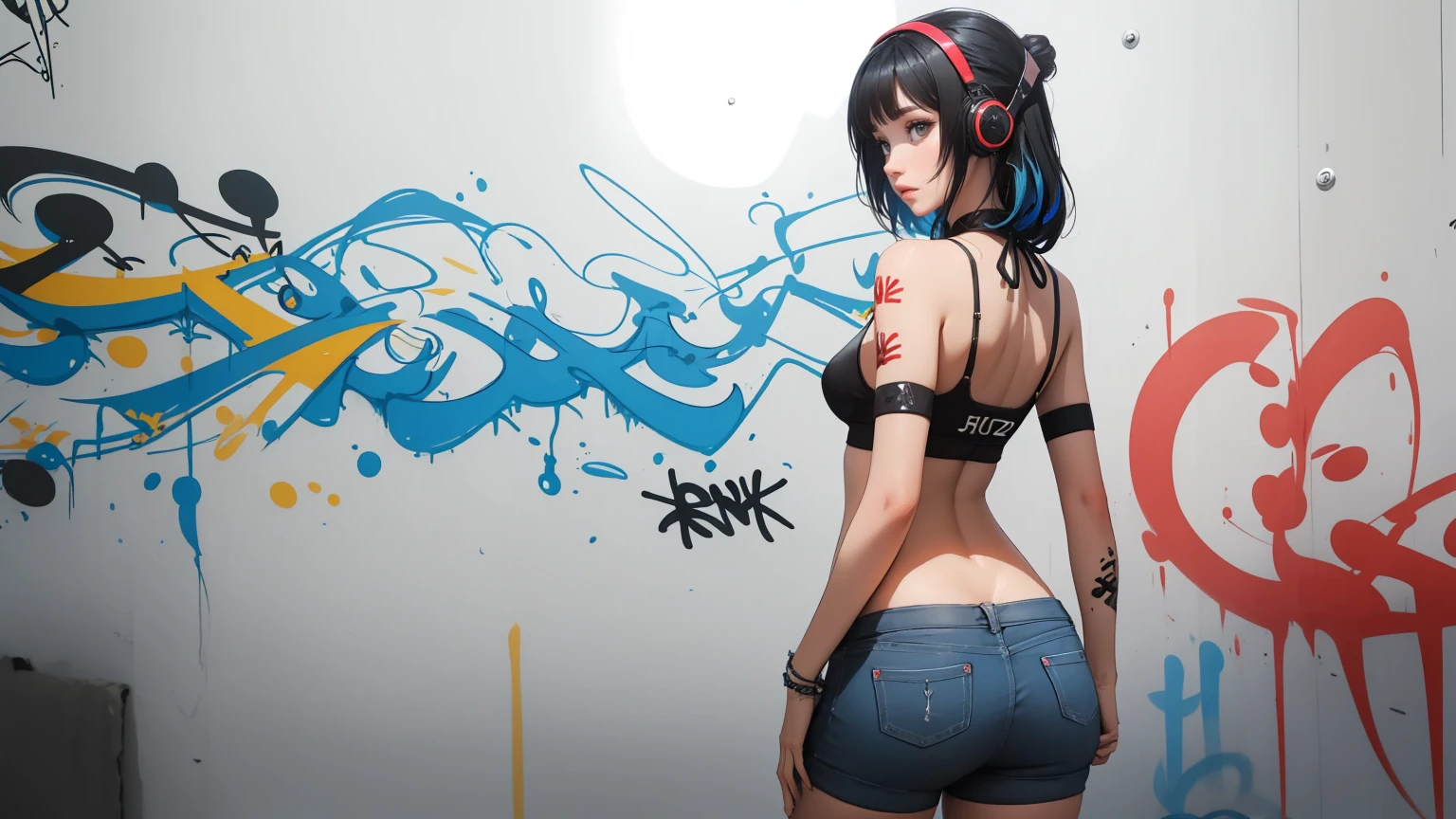 one women, Rainbow style, cyberpunk women, ​masterpiece, best quality, 1 girl, alone, Short top, Jeans-Shorts, neck ribbon, (Graffiti:1.5), paint splatters, Arms behind the back, against the wall, Viewers look at, 手链, thigh strap, Color on the body, Head tilt, bored, multi-colored hair, aqua eyes, Headset,，Art stations，Bunte paint splatters，Contours，Unreal Engine，Like a dream，Intricate detailing，Boat picture，Complementary colors，fantasy concept art，8k-Auflösung，Perverted&#39;masterpiece，Oil painting，hit，Rainbow Skins，((black)),, (((Dressed in modern clothes))), Girls, with long, flowing silver hair, piercing blue eyes, and pointed ears. Her attire should be a blend of dark, sleek armor and mystical elements, adorned with intricate designs and glowing runes. She is in a dynamic, action-oriented pose, holding dual daggers with an ethereal glow. The background should be a dark, mystical forest or an ancient, ruined temple, with a moonlit sky casting an eerie glow. The overall style should reflect the detailed, fantasy-rich art of Lineage 2, with vibrant colors, dramatic lighting, and a sense of magical realism.、permission 8k、complex parts、Toned waist、Wide buttocks、Эффект Тиндаллаmasuter piece、top quality、Highest standards、Highest image quality、table、complex parts、a high resolution、depth of field、natural soft light、professional lighting、about, standing, very long hair, cowboy shot, brilliant, brilliant hair, (night:1.2),Dreamy, [[gentle fingers and hands:0.55]::0.85],(detailed fingers),),(emotional),(breathtaking),(main part:1.2) whole body.), (Anime Style), (Super Detailed), (brutal), (uhd, HDR), (8k), (High Resolution: 1.2), (Complex and Beautiful: 1.2)