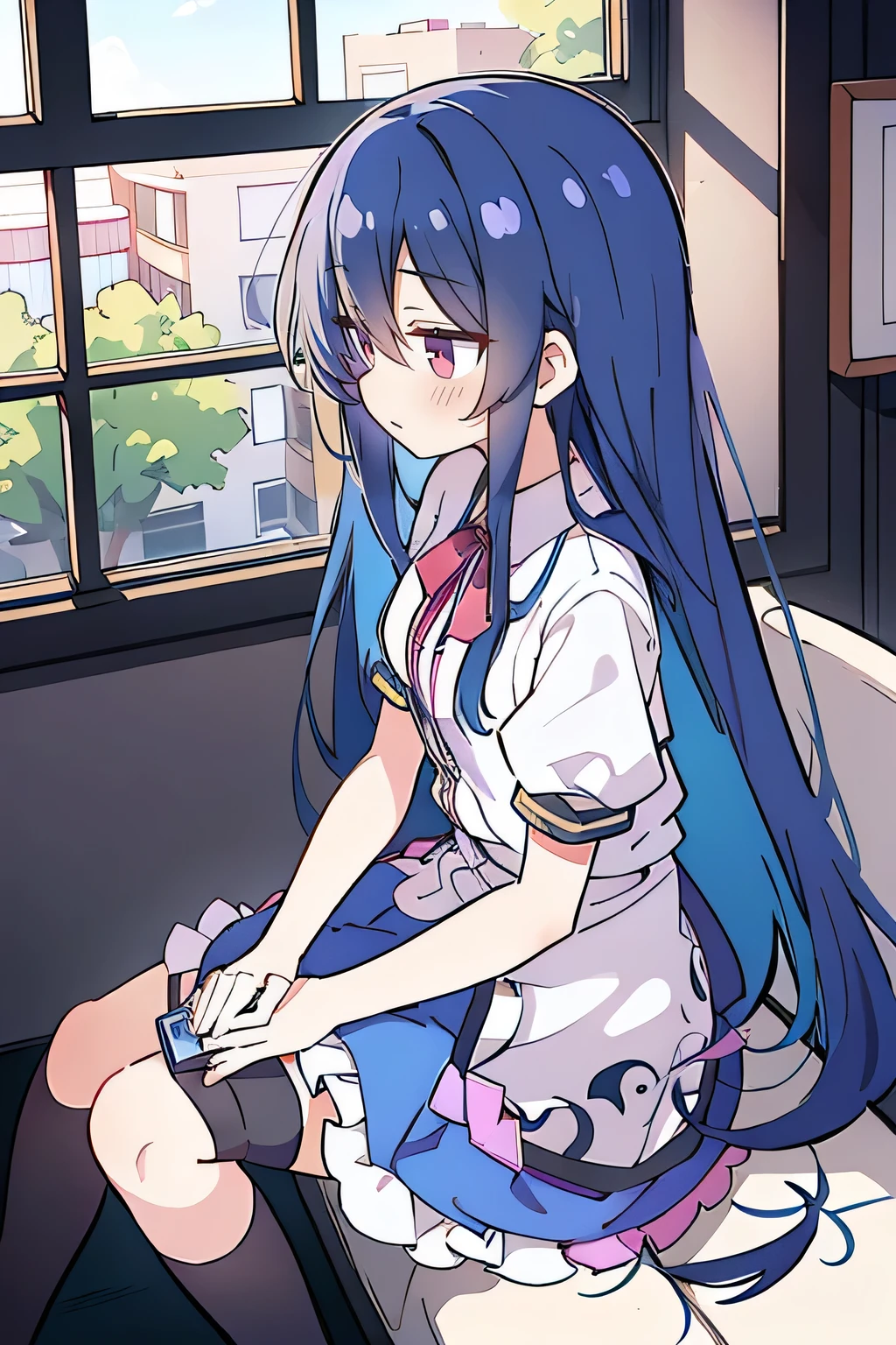 Anime Girl sitting on window sill drinking coffee and looking out the window, (Anime Girl), Anime cute art style, seductive Anime Girl, Beautiful anime high school, Cute girl anime visual, Night Core, Best Girl in Anime, young Anime Girl,dark blue long hair,Sit by the window