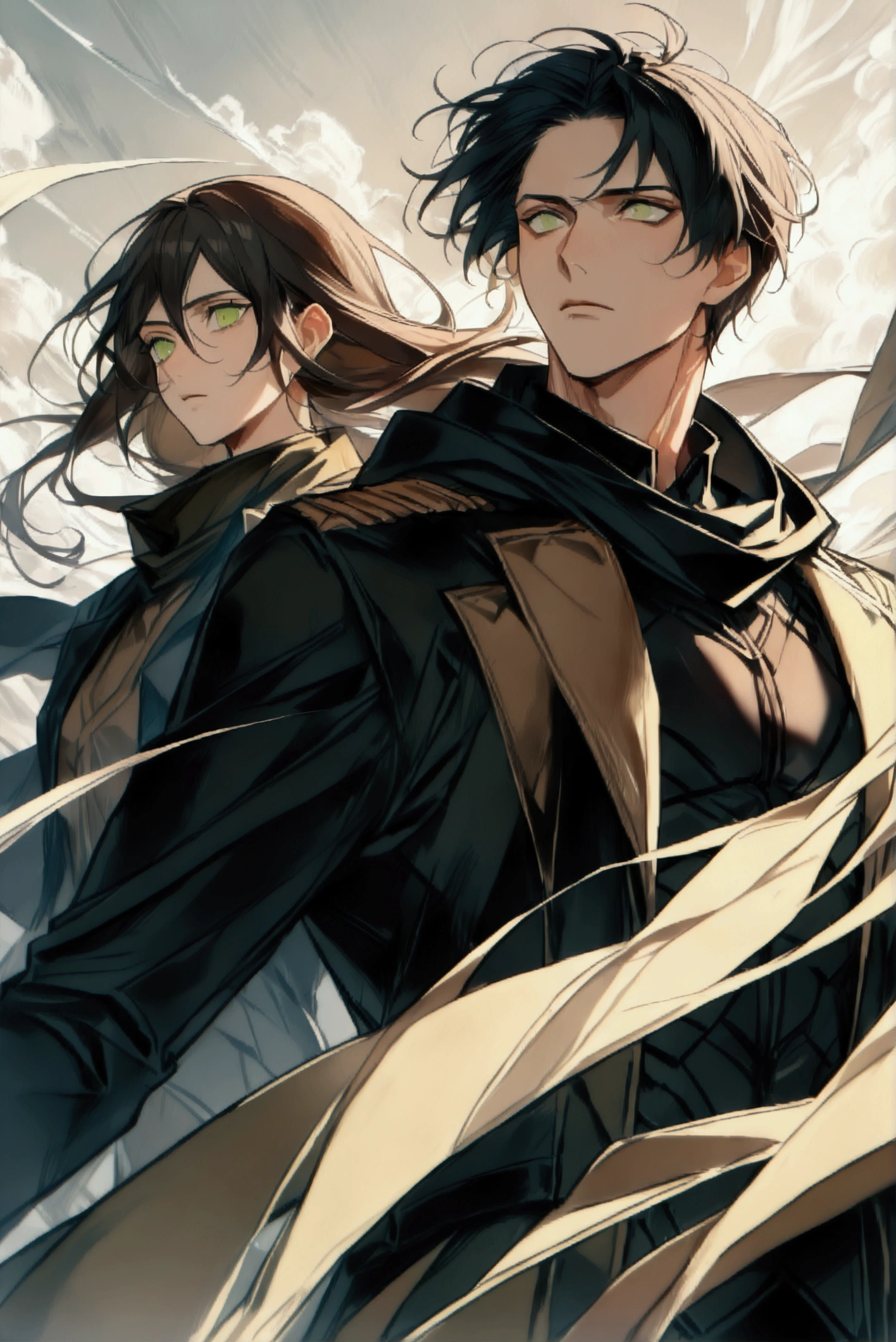 Brown Long Hairstyle、Handsome man in his 20s(1 male,Ellen Yeager)(Attack on Titan),Green Eyes,Expressionless,(He is wearing a long black parka..),(masterpiece:1.3),(Highest quality:1.4),(Very detailedな:1.5),High resolution,Very detailed,unity 8k wallpaper,Decadent,Wind,Achieve smooth design