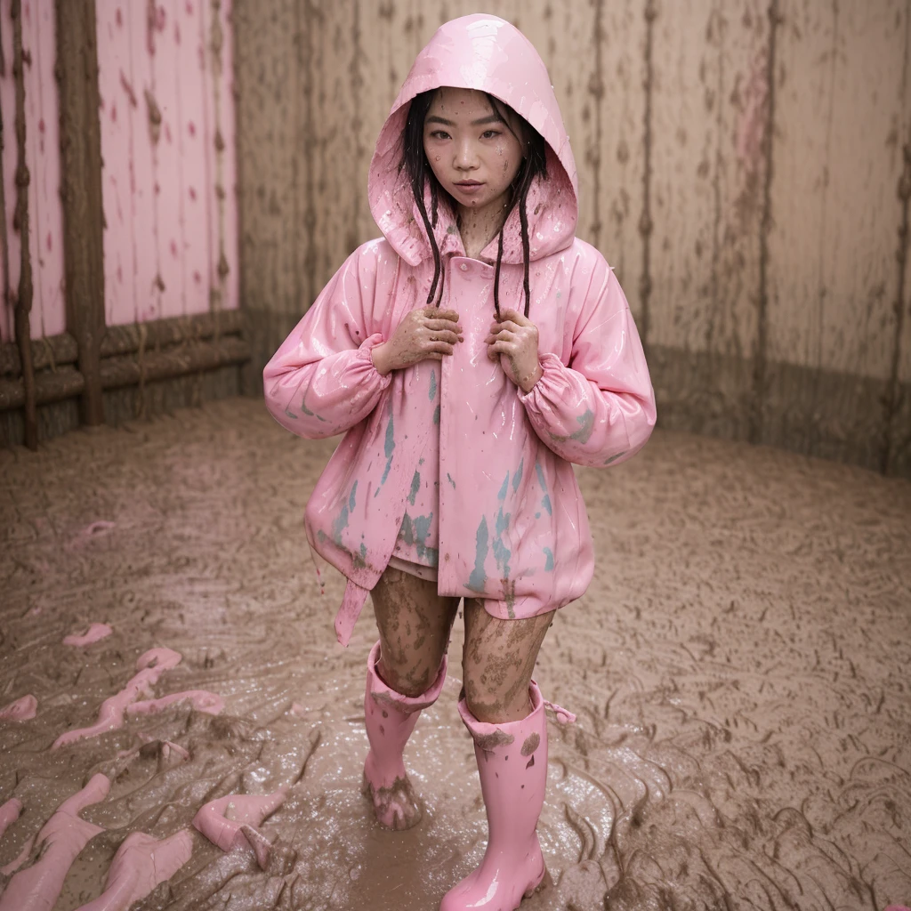 asian lady, cute pose, ((pink buttoned up raincoat)), ((wearing raincoat hood)), (((tall pink rain boots))), ((((muddy splatters)))), ((mud dripping down raincoat)),  city street, night, raining, intricate details, highly detailed, masterpiece, 8k, photorealistic, cinematic lighting, vibrant colors, soft focus, elegant, feminine, beautiful, serene, graceful