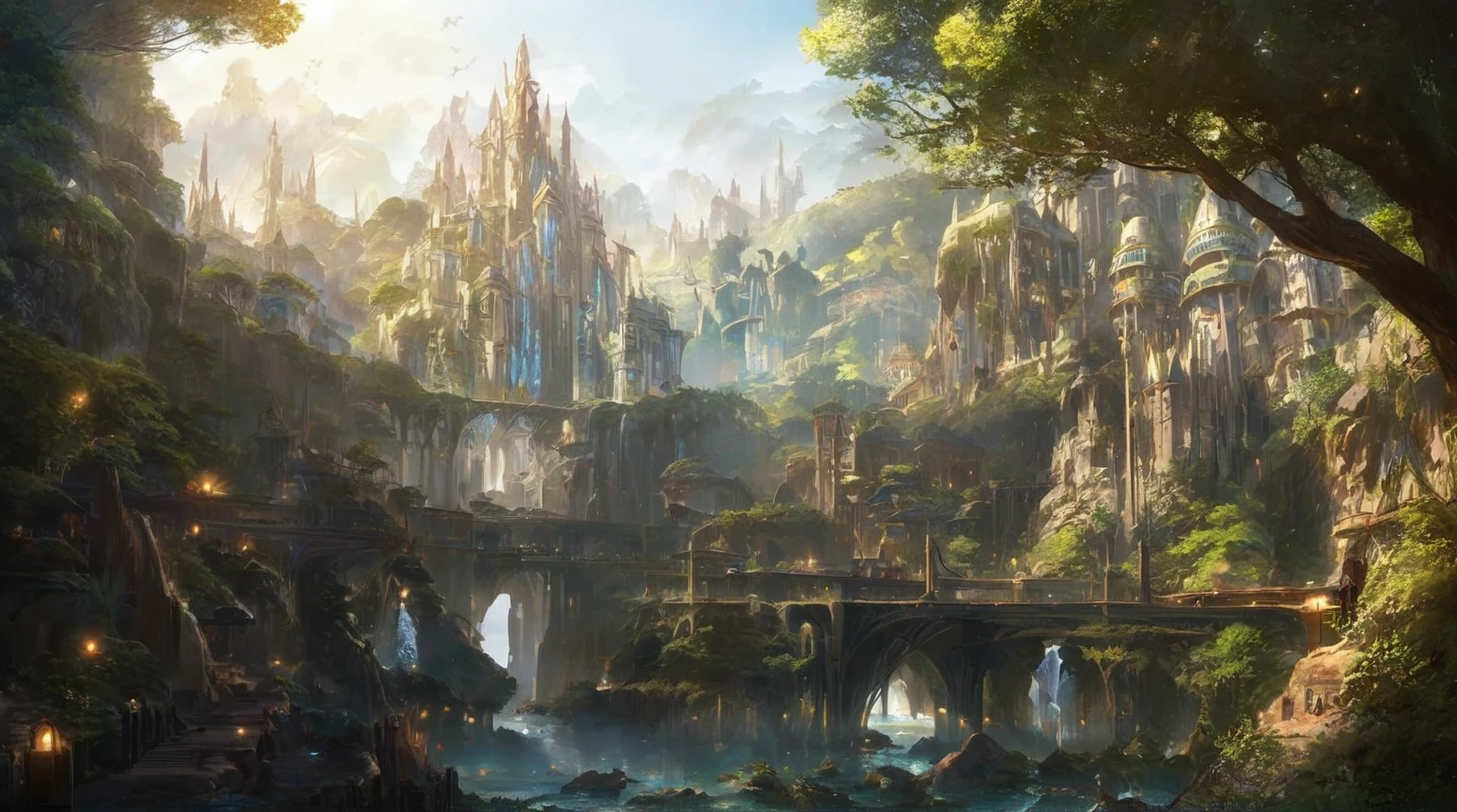 A painting of a Highly detailed, beautiful landscape, Futuristic Elven fantasy city, metropolitan, elven architechture, beautiful beach, concept art inspired by Tosa Mitsuoki, pixiv contest winner, best quality, fantasy art, beautiful anime scene, , dream painting, Anime Background Art, Fantasy Landscape Art, Fantasy Night, Anime Background, Background Artwork, Fantastic Art, Atmospheric Anime, Starry Sky, Detail Enhanced.