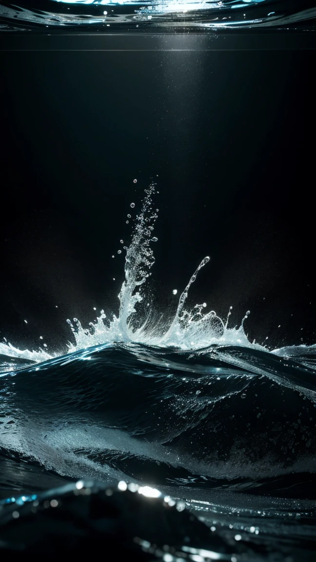 beautiful cinematic splash of clear water on flat black background, Realism, photo, 3D render, masterpiece