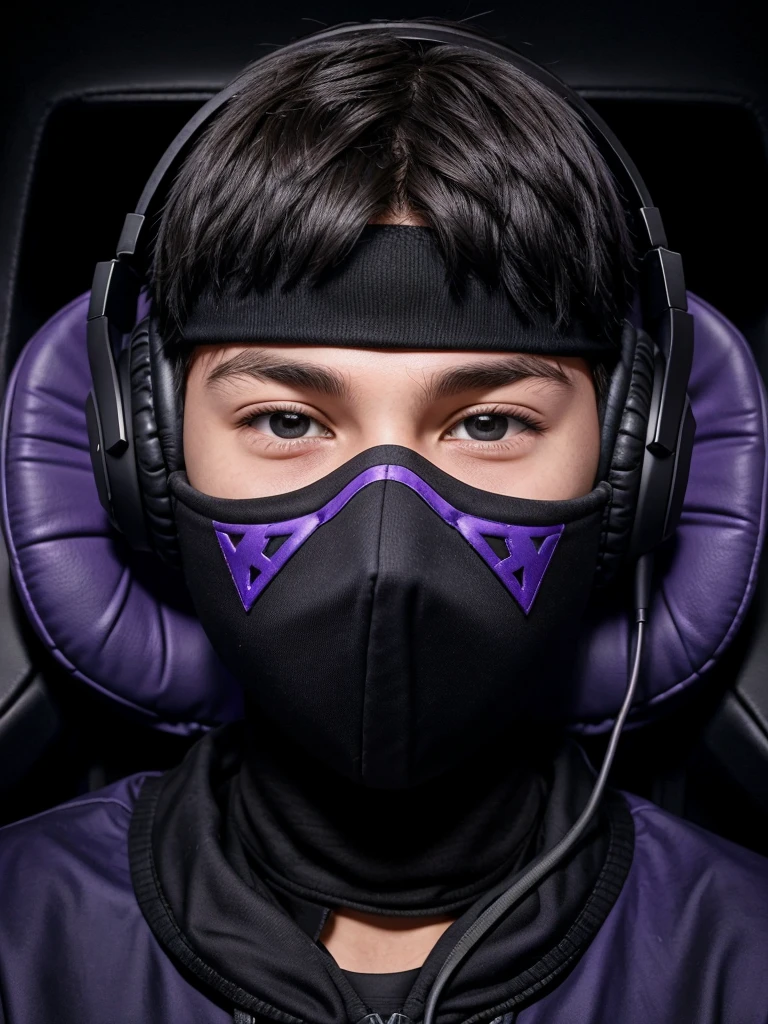 Around 17 age Boy wearing headphones in front of the face playing video games sitting in a gaming chair, dark background with purple details
There should be a black mask on the mouth,