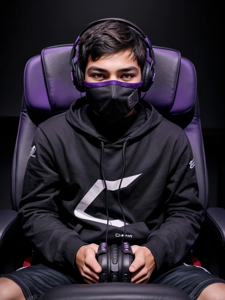 Around 17 age Boy wearing headphones in front of the face playing video games sitting in a gaming chair, dark background with purple details
There should be a black mask on the mouth,
