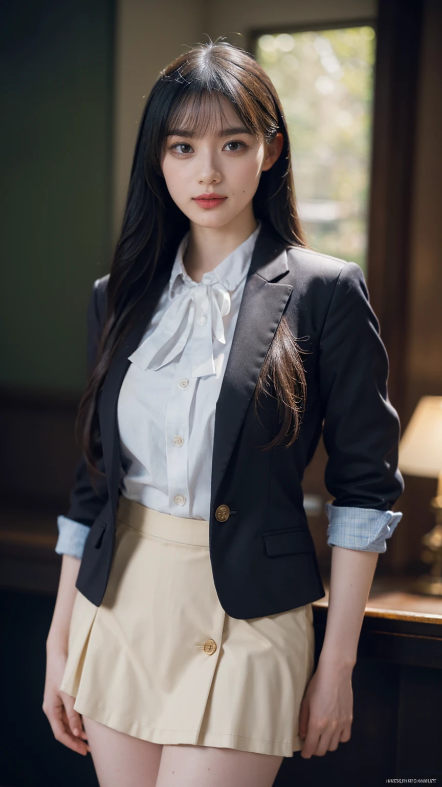 1girl, woman, masterpiece, best quality, highest quality, cinematic lighting, (volumetric lighting), extremely detailed CG unity 8k wallpaper, focused, 8k wallpaper, extremely detailed, ultra realistic, photorealistic, sharp focus, absurdres, (HDR:1.2), (high contrast), photograph, detailed and intricate, instagram, portrait, highly detailed, digital painting, artstation, concept art, smooth, sharp focus, illustration, cinematic lightinglook, (whole body:1.2), white collar shirt, open shirt, (open the button), show thigh, mini skirt, (full body), looking at the viewer, (long hair), big breast