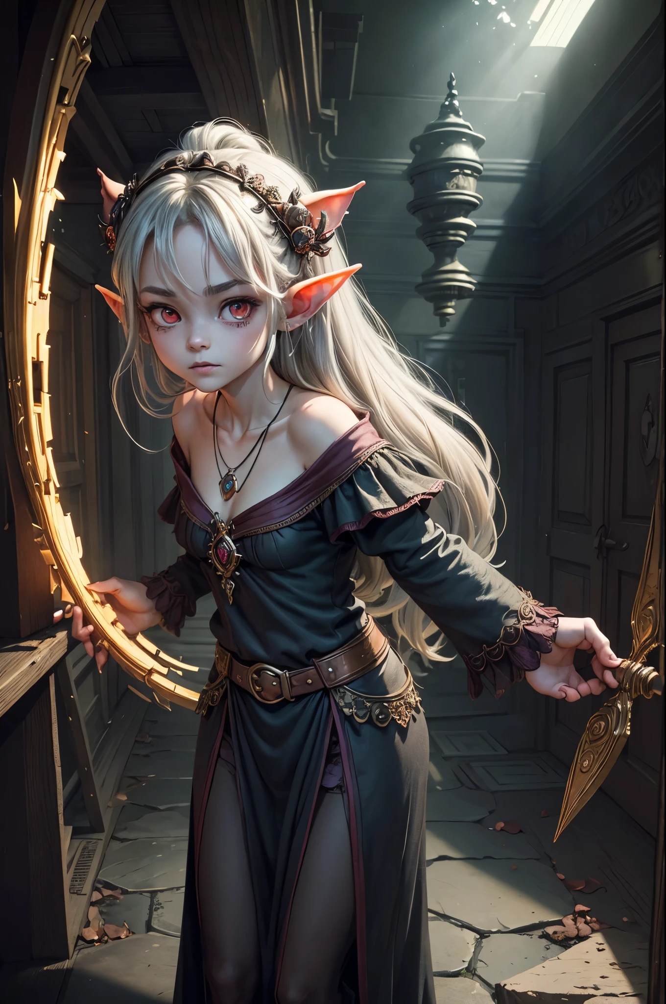 (Realisttic:1.2), analog photo style, (cute goblin woman looking like elf, intensed red eyes, surrounded by a gloomy antique setting), (her full body s a visual pleasure), faint smile, soft shading expresses beautiful skin texture, silk material, Graceful curve, necklace, rich and lustrous hair, three dimensional effect, gloomy dark atmosphere, play of light in the sun rays, a delicate balance between beauty and darkness, faded colours, great quality, Masterpiece, intricate fantasy background, naturally cinematic light, 16k quality, HDR, RAW photo