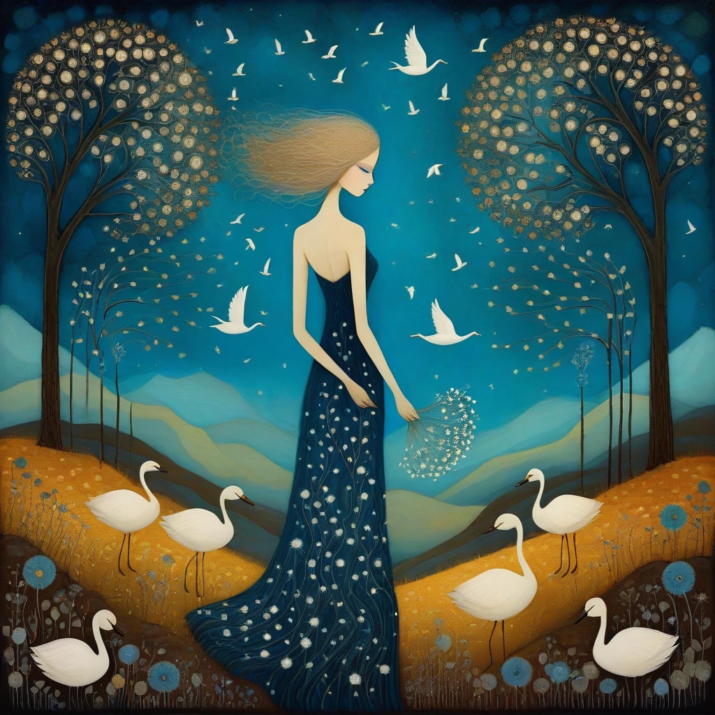 In the style of, Andy Kehoe, Tracy Grimwood. Ethereal naked woman, dark blond hair, blue eyes, wearing a long dress with dried flower motifs. Around her stylized cats and swans. Background, hills, trees, blooming dandelion flowers.
