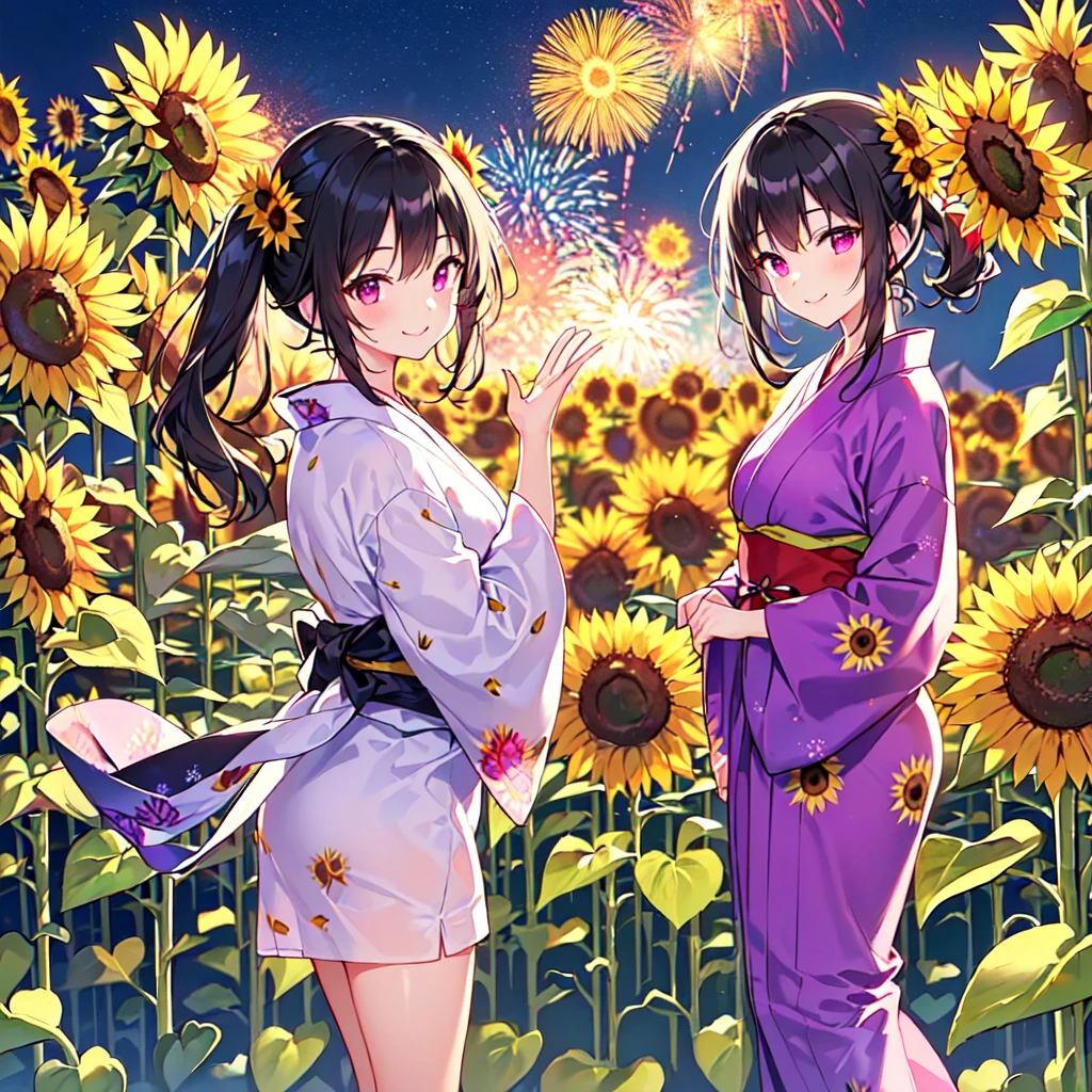 masterpiece, best quality, high quality, extremely detailed, very delicate and beautiful, (1 female 18 years old solo:1.5), (long black hair up to waist with two side up:1.5), bangs to eyebrows, eyes Eyebrows are glossy, (eye color: magenta: 1.3), 6.5 head height, (yukata with sunflower fireworks print: 1.3), knee socks, lace, frills, (smiling), (standing: 1.3), (smiling), (dynamic pose), (background sunflower flower field: 1.3), (sunflowers Lots and Lots of Night: 1.3)