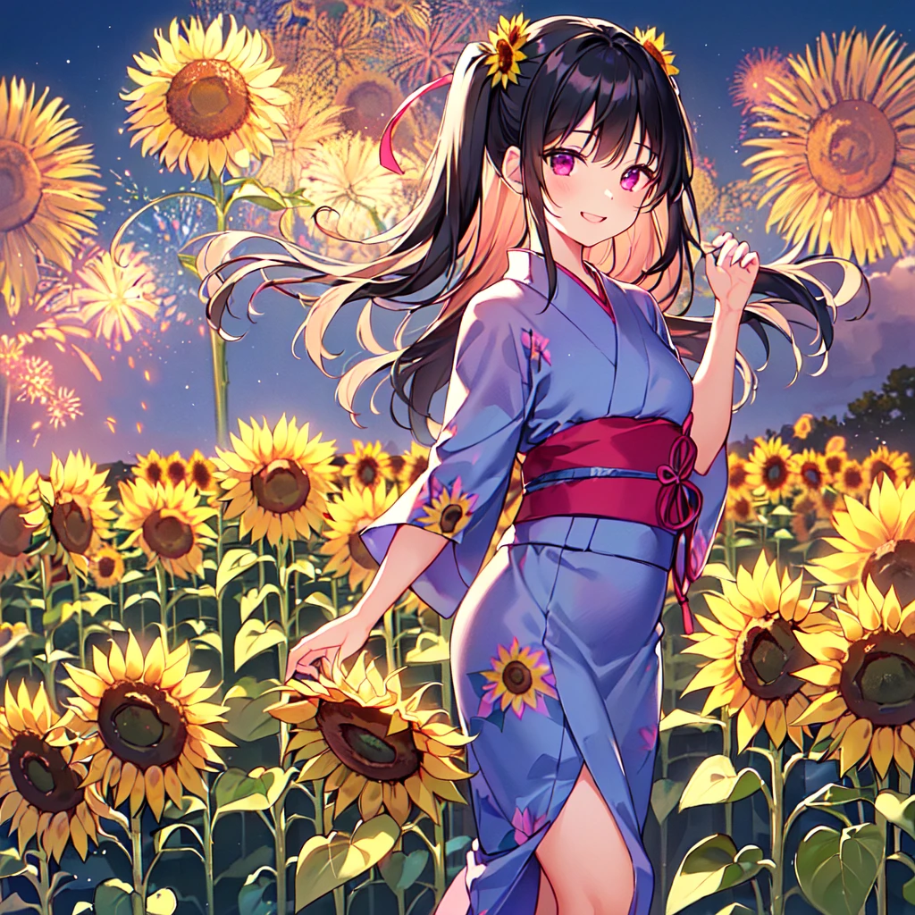 masterpiece, best quality, high quality, extremely detailed, very delicate and beautiful, (1 female 18 years old solo:1.5), (long black hair up to waist with two side up:1.5), bangs to eyebrows, eyes Eyebrows are glossy, (eye color: magenta: 1.3), 6.5 head height, (yukata with sunflower fireworks print: 1.3), knee socks, lace, frills, (smiling), (standing: 1.3), (smiling), (dynamic pose), (background sunflower flower field: 1.3), (sunflowers Lots and Lots of Night: 1.3)