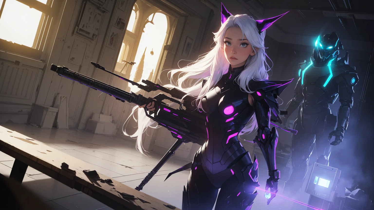 (​masterpiece,best quality,Ultra-detail,very detailed illustrations,extremely detail,complicated details,highres,(Masterfully crafted glow:1.4),(Lens reflection:1.3),super complex details,extremely detail 8k cg wallpaper,Cowboy-shot, Corrosive,Consideration,Raytracing,Demon theme,Nebula,Dark Aura,Cyber Effect,alone,mecha musume,mechanical parts, Robot joints,(single mechanical arm), Headgear, mechanical halo,Stern hallo,(complicated ((White)) and purple mechanical ninja suit),(violet purple glow:1.2), (purple suit lights), mecha corset, Full Armor, (very long, translucent hair),(bioluminescent White hair:1.2),(Shine for your hair:1.4), hair between the eyes,(((colorful))),((the picture)),(indoors),(Carbon fiber),(Coole Action-Pose:1.3),(nervous:1.5), (luminous White hair:1.4),(blue eyes), (bright blue eyes:1.4),(glowing eyes:1.4),(eye trail:1.1), Intensiv expression,(Dynamic action),(Hand on hip:1.2),(cybernetic metal Lynx ears:1.3),(thin ((metal)) cybernetic tail:1.4),( action-oriented pose, holding dual daggers with an ethereal glow. The background should be a dark, mystical forest or an ancient, ruined temple, with a moonlit sky casting an eerie glow. The overall style should reflect the detailed, fantasy-rich art of Lineage 2, with vibrant colors, dramatic lighting, and a sense of magical realism.、permission 8k、complex parts、Toned waist、Wide buttocks、Эффект Тиндаллаmasuter piece、top quality、Highest standards、Highest image quality、table、complex parts、a high resolution、depth of field、natural soft light、professional lighting、about, standing, very long hair, cowboy shot, brilliant, brilliant hair, (night:1.2),Dreamy, [[gentle fingers and hands:0.55]::0.85],(detailed fingers),),(emotional),(breathtaking),(main part:1.2) whole body.), (Anime Style), (Super Detailed), (brutal), (uhd, HDR), (8k), (High Resolution: 1.2), (Complex and Beautiful: 1.2)